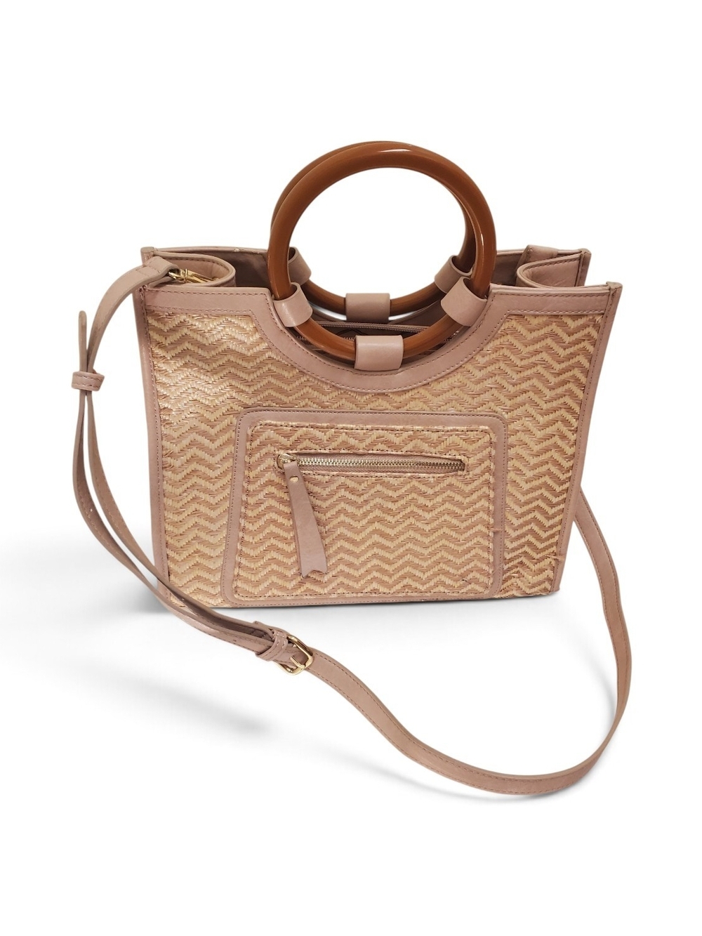 Moda Luxe Beige Woven Crossbody Tote with Wooden Ring Handles - Picture 3 of 11